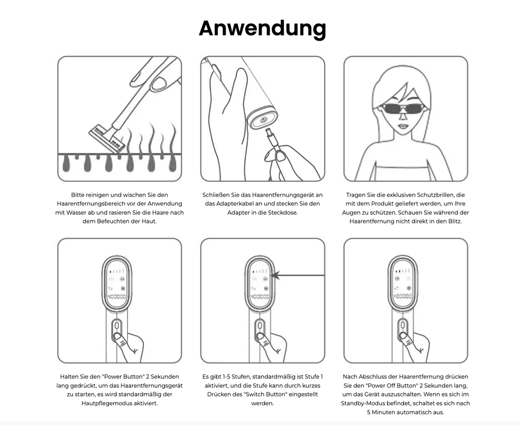Anleitung zur Verwendung eines Danxon IPL Haarentfernung CB50 Geräts mit Illustrationen und Text