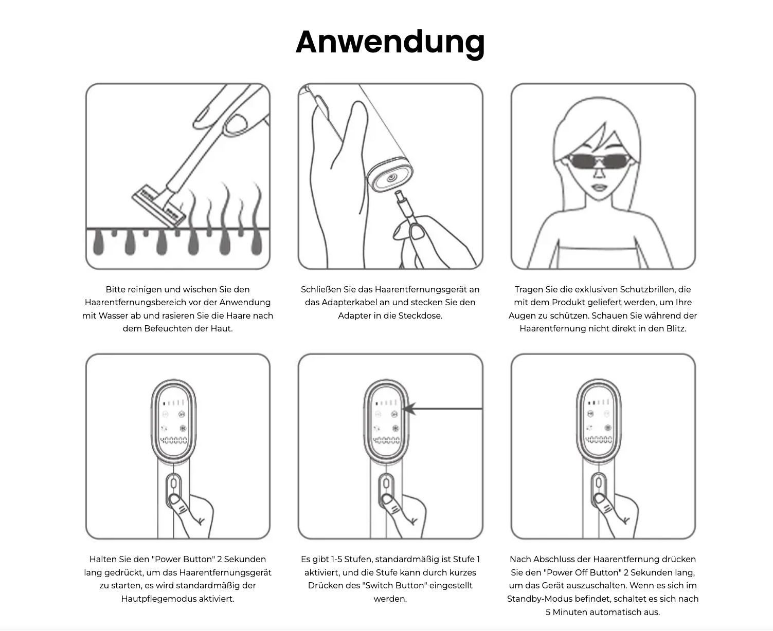Anleitung zur Verwendung eines Danxon IPL Haarentfernung CB50 Geräts mit Illustrationen und Text