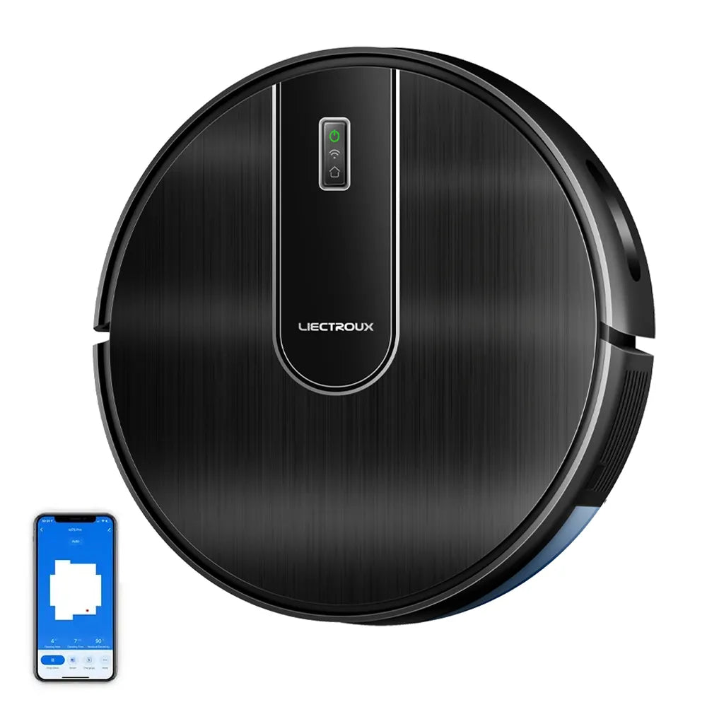Schwarzer AreoBot N7S Roboterstaubsauger mit Smartphone-App-Oberfläche auf weißem Hintergrund
