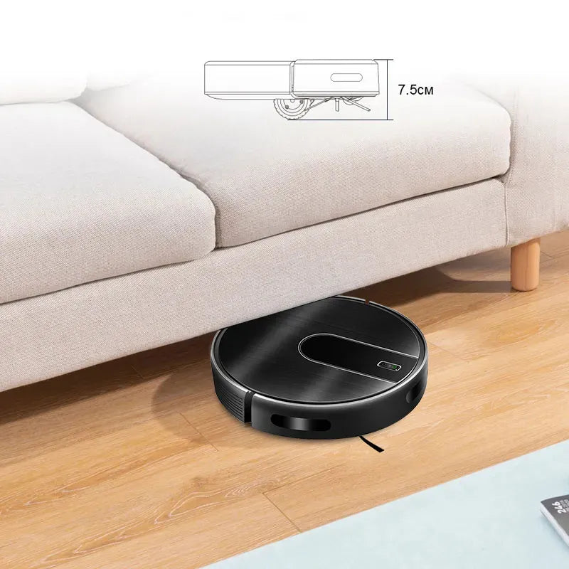 Schwarzer AreoBot N7S Roboterstaubsauger reinigt unter einem beigen Sofa auf Holzboden