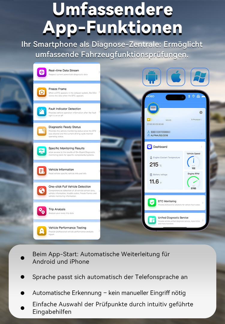 Avreno OBD2 Diagnosegerät Nahaufnahme Smartphone-App
