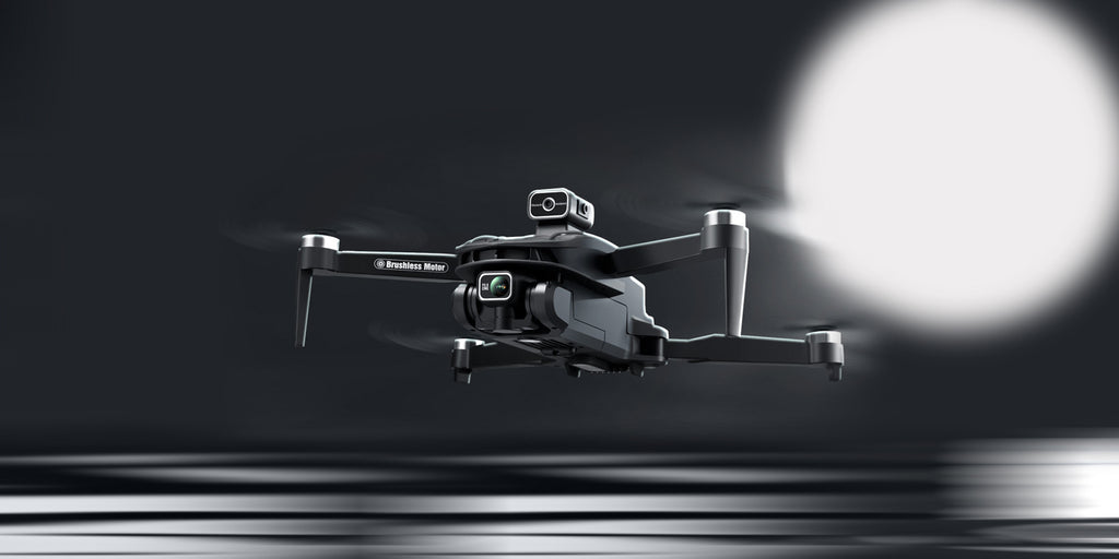 Caracen V168 Pro Max Drohne auf reflektierender Oberfläche mit hellem Licht im Hintergrund