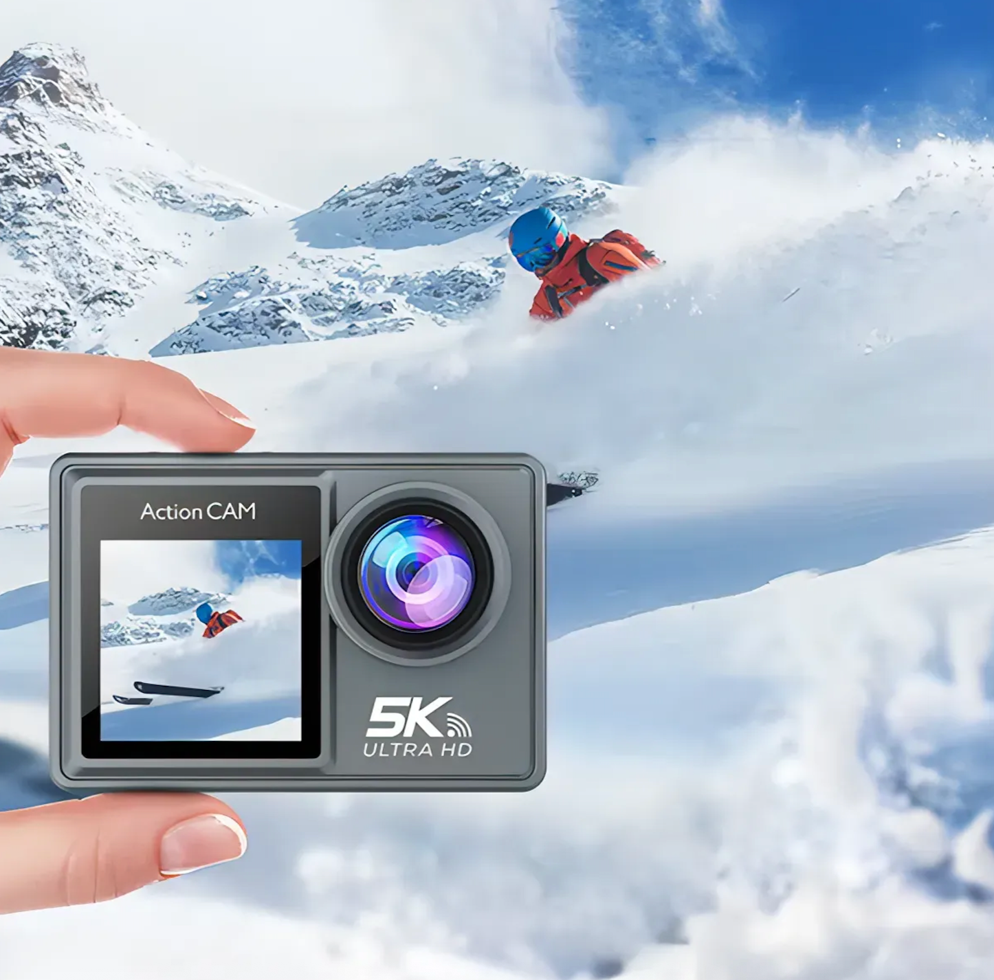 Danxon Action Kamera mit 5K Ultra HD Display vor verschneiter Berglandschaft