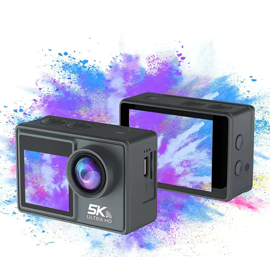 Danxon Action Kamera mit Display vor farbenfrohem abstraktem Hintergrund