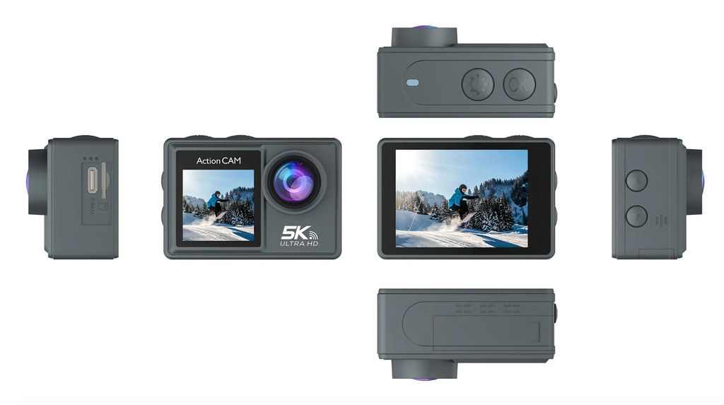 Danxon Action Kamera mit mehreren Ansichten auf weißem Hintergrund