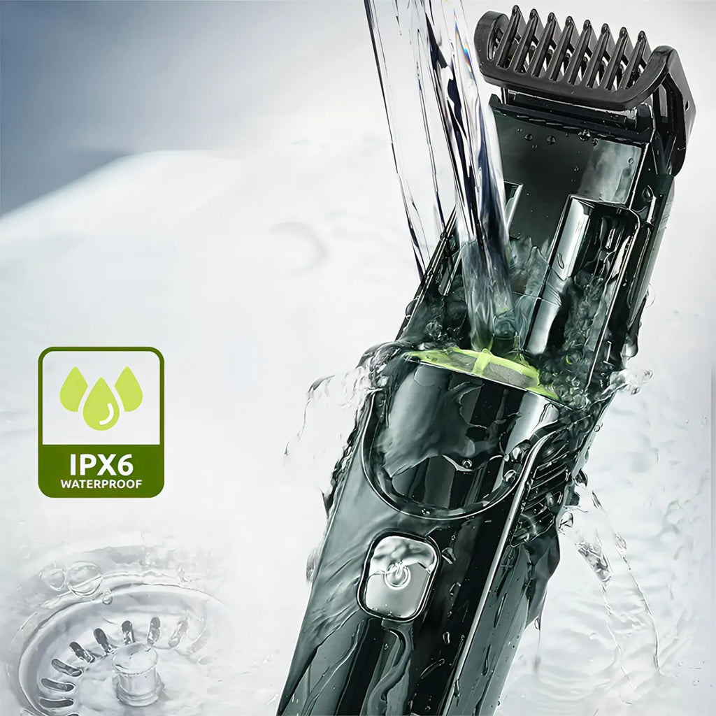 Danxon Barttrimmer wird mit Wasser abgespült und zeigt ein IPX6-Wasserdicht-Label