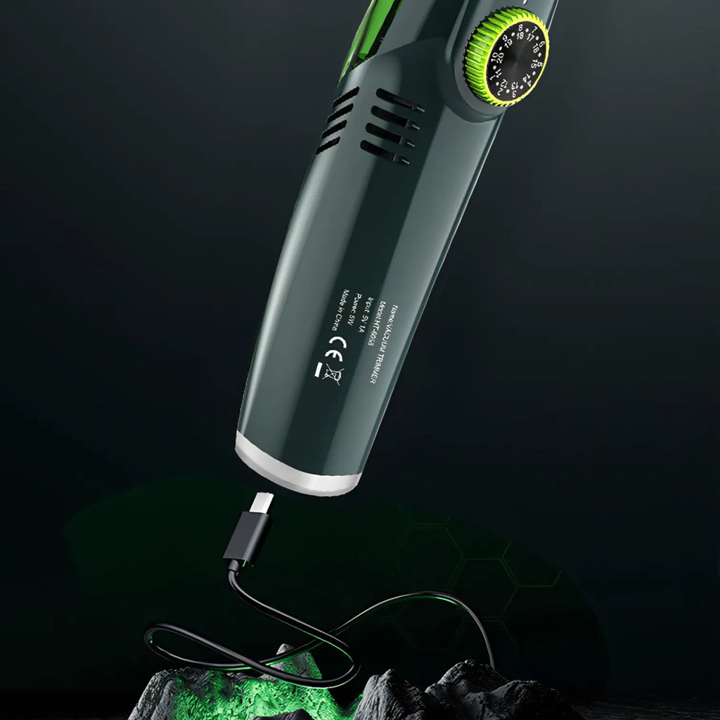 Grün-schwarzer Danxon Barttrimmer mit Kabel und USB-C-Ladegerät vor dunklem Hintergrund