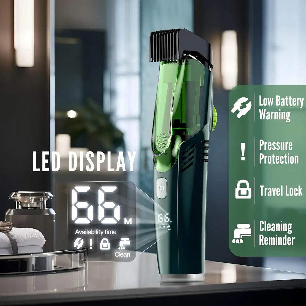 Grüner Danxon Barttrimmer mit LED-Display auf einem Badezimmertisch