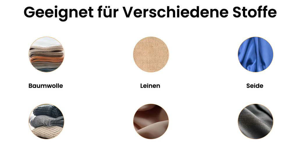 Illustrationen verschiedener Stoffe mit Beschriftungen auf weißem Hintergrund