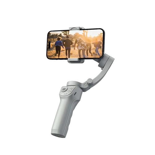 Danxon Gimbal-Stabilisator mit angebrachtem Smartphone auf weißem Hintergrund