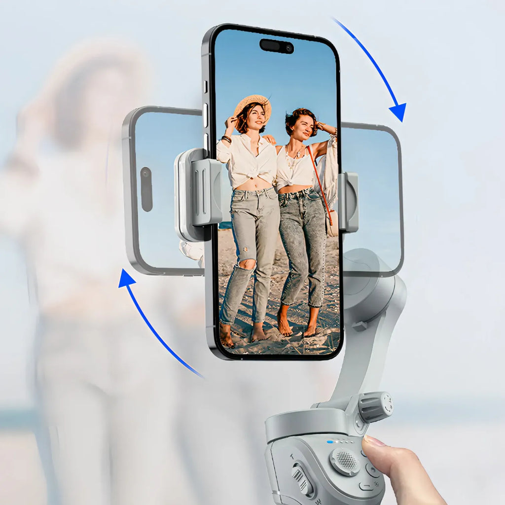 Danxon_Gimbal Hand hält ein Smartphone mit Handyhalterung, das zwei Frauen auf dem Bildschirm zeigt, vor unscharfem Hintergrund