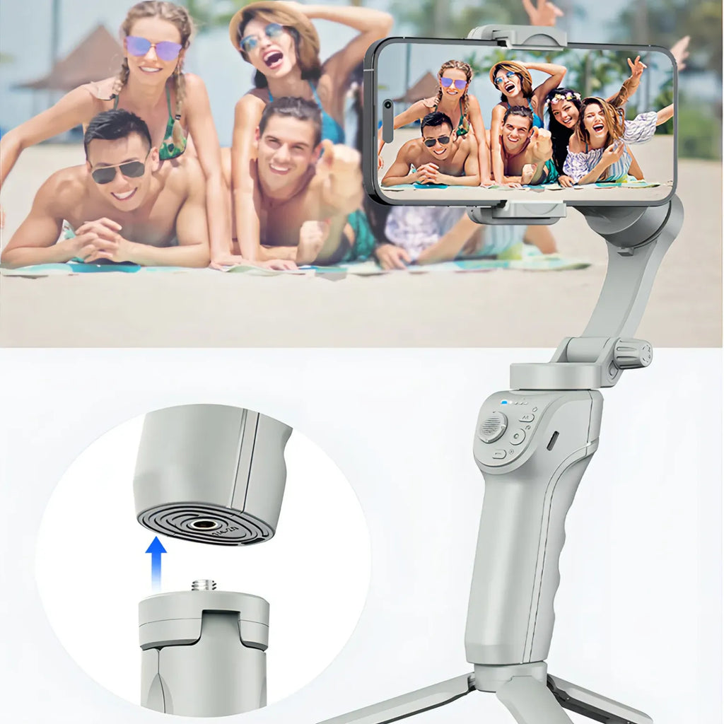 Smartphone, gehalten von einem Danxon Gimbal, mit einem Foto von Personen auf dem Bildschirm vor einem Hintergrund mit Menschen am Pool