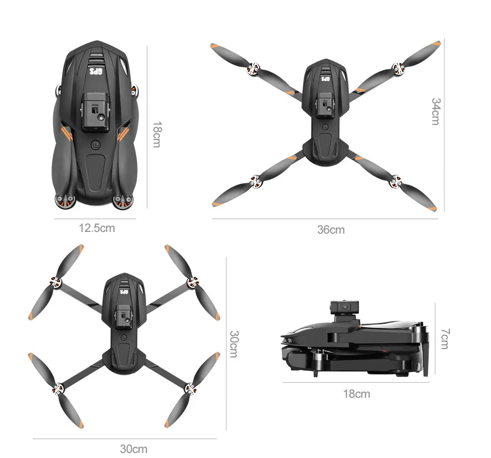 Schwarze Caracen V168 Pro Max Drohne mit Maßangaben auf weißem Hintergrund