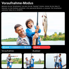 Familie angelt an einem See mit Text über den Voraufnahmemodus auf einem Smartphone-Bildschirm