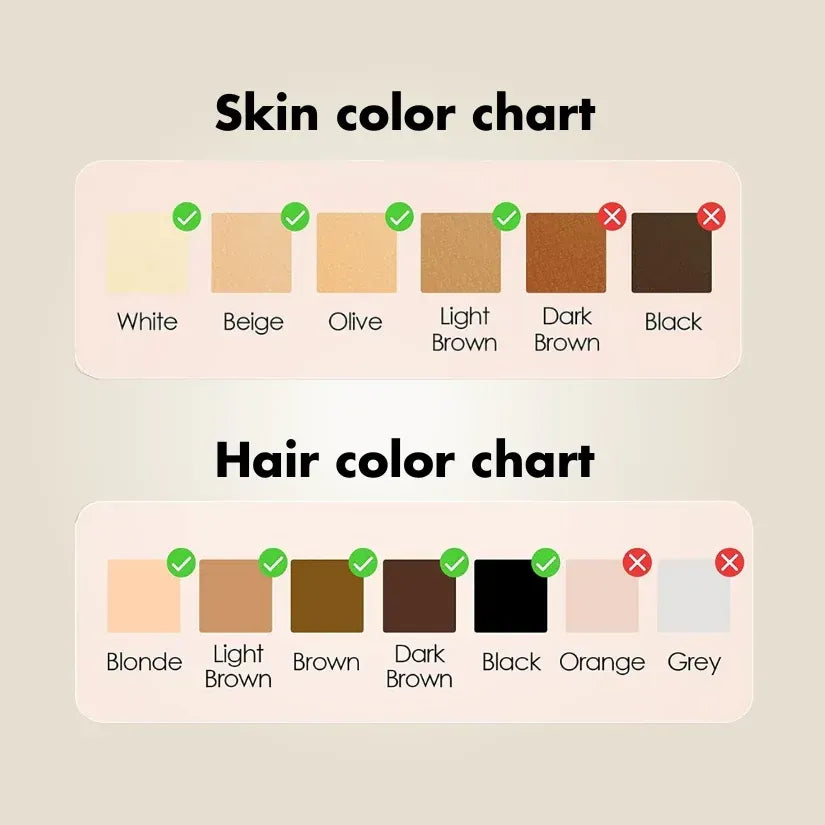Farbtabellen für Haut und Haare mit Farbfeldern und Kontrollkästchen