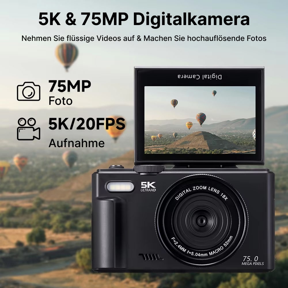Fotyraz Digitalkamera mit 5K- und 75MP-Funktionen vor malerischem Hintergrund mit Heißluftballons