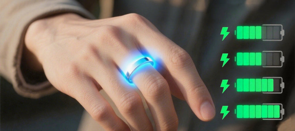 Hand trägt leuchtenden Norwiss Smart Ring mit Batteriesymbol-Grafiken vor unscharfem Hintergrund