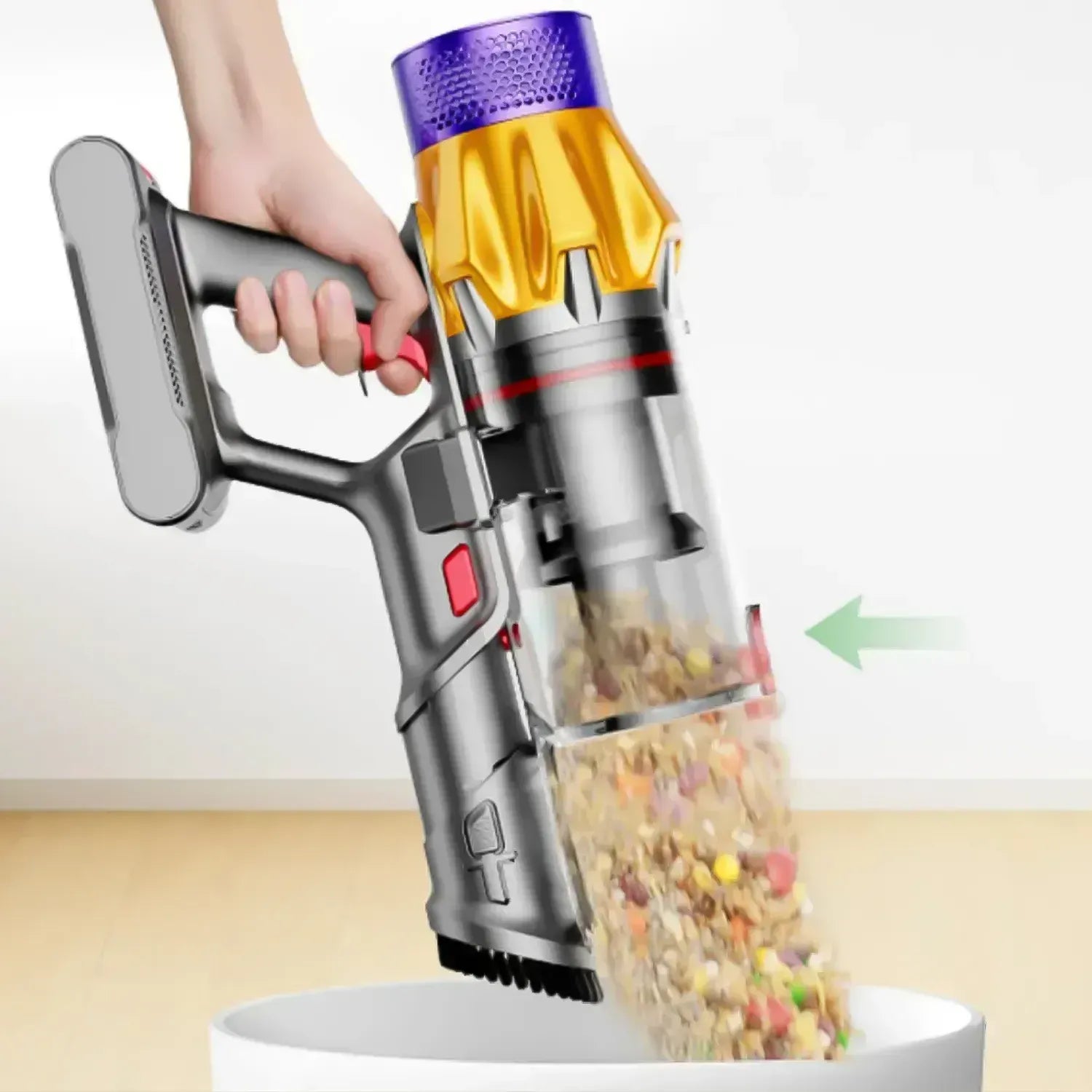 Handstaubsauger Jomasshop saugt Tierfutter aus Schüssel mit transparentem Behälter für Schmutz