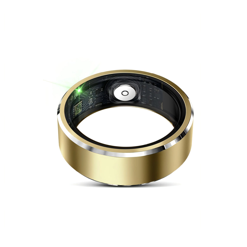 Goldener Lazvik Smart Ring mit elektronischen Komponenten auf weißem Hintergrund
