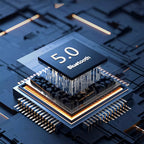 Nahaufnahme eines Bluetooth-Chips mit der Aufschrift „5.0“ vor Leiterplattenhintergrund