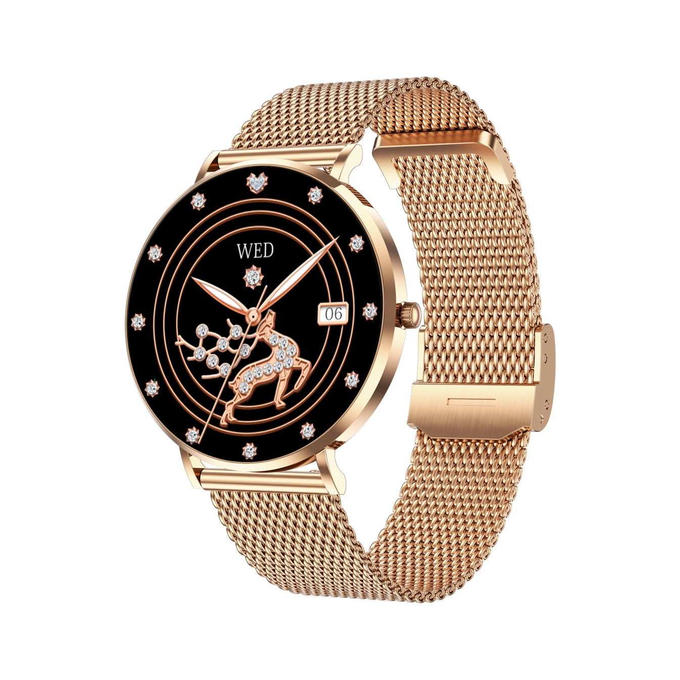 Roségoldene Meacode Smartwatches mit schwarzem Zifferblatt und Hirsch-Design auf weißem Hintergrund