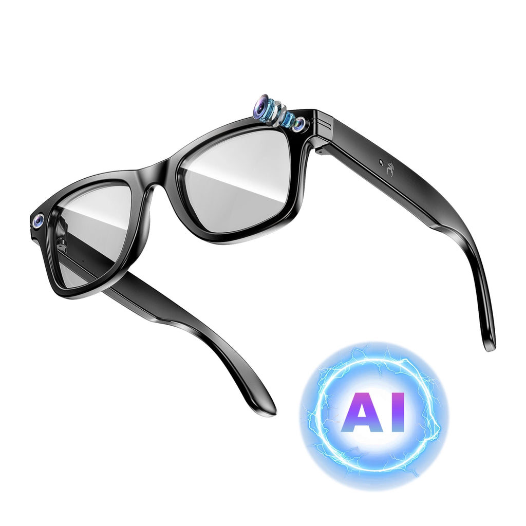 Schwarze 3D Meacode AI Smart Glasses mit „AI“-Logo auf weißem Hintergrund