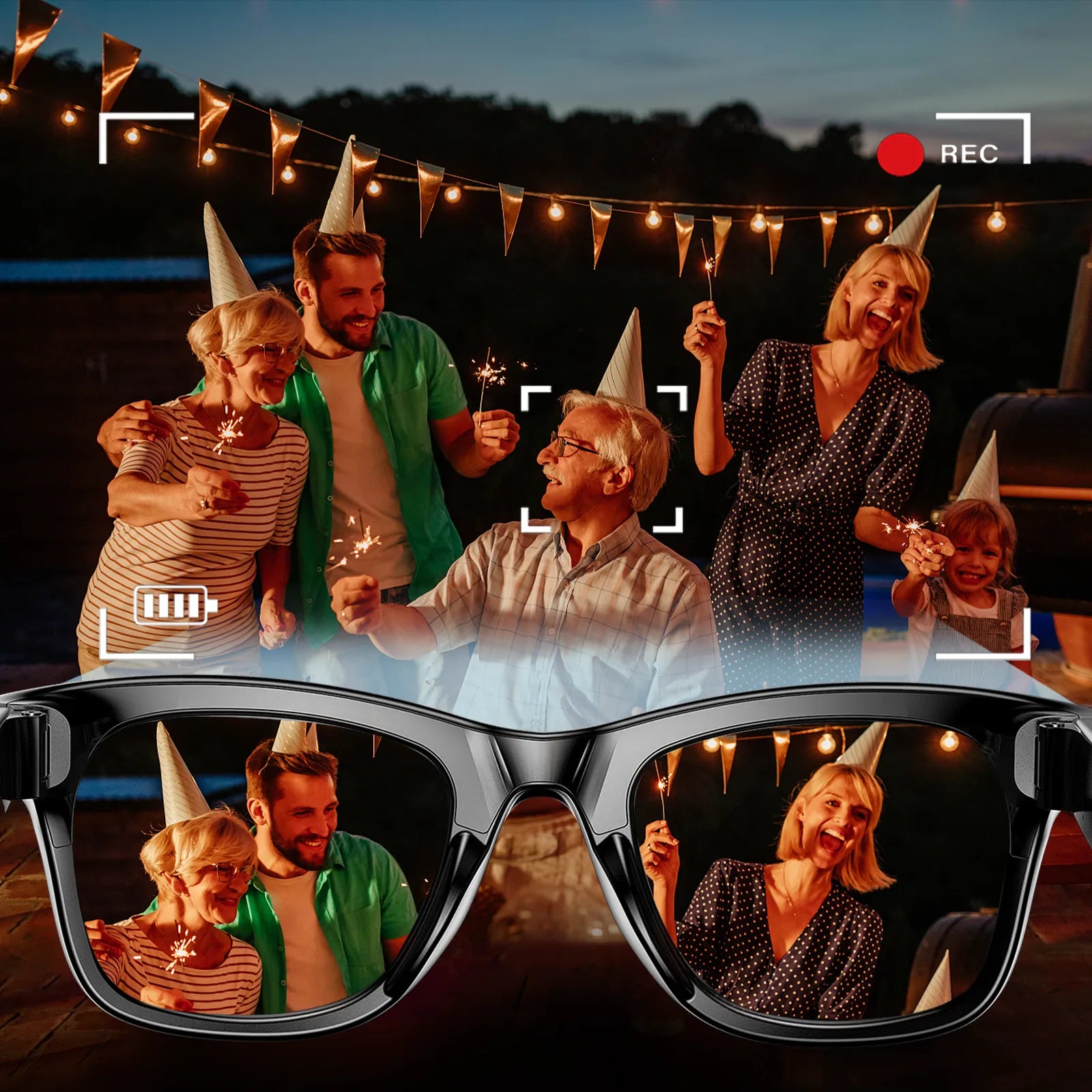 Gruppe von Menschen feiert nachts mit Wunderkerzen, gespiegelt in Meacode AI Smart Glasses