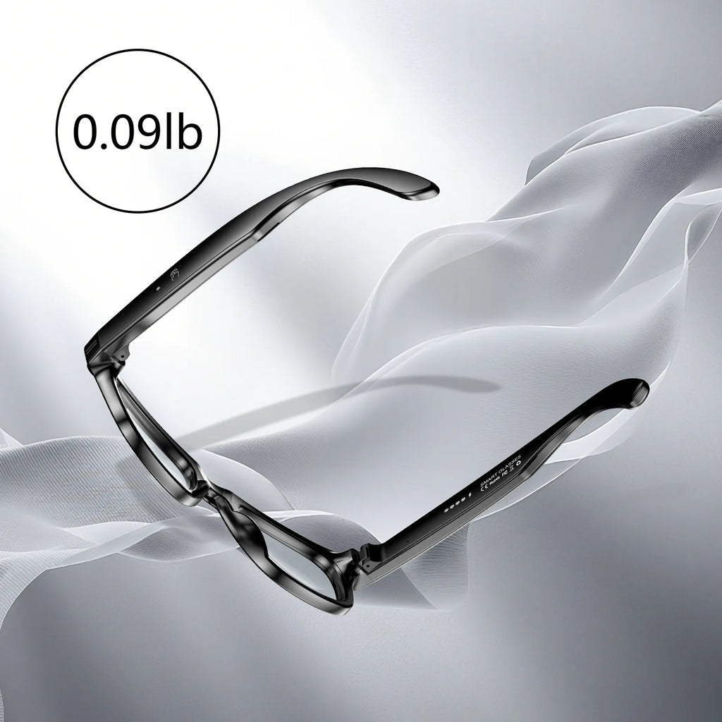 Paar Meacode AI Smart Glasses auf weißem Stoffhintergrund mit Gewichtsangabe „0.09lb“