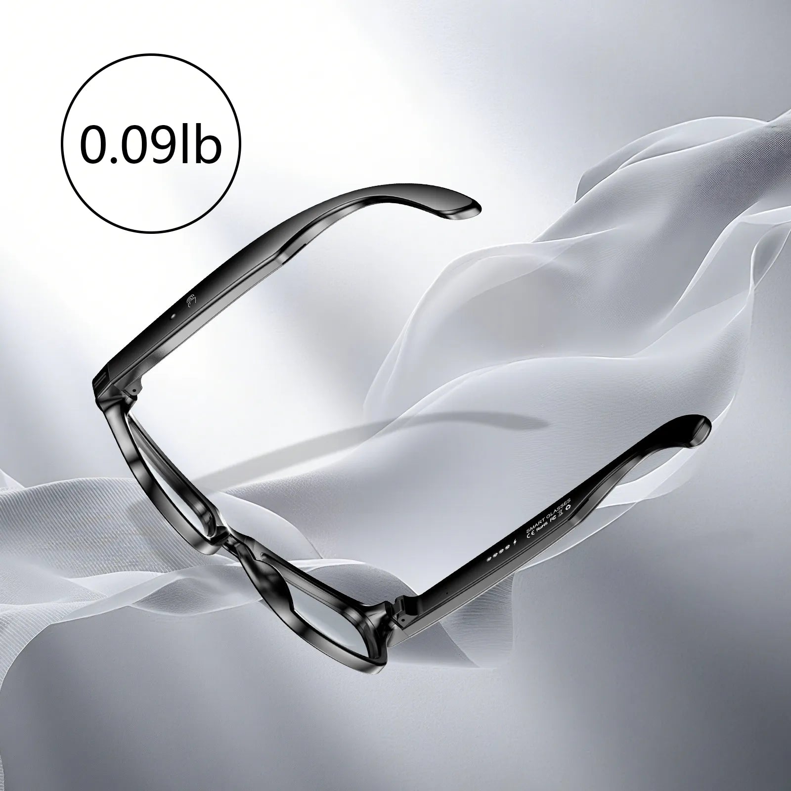 Paar Meacode AI Smart Glasses auf weißem Stoffhintergrund mit Gewichtsangabe „0.09lb“