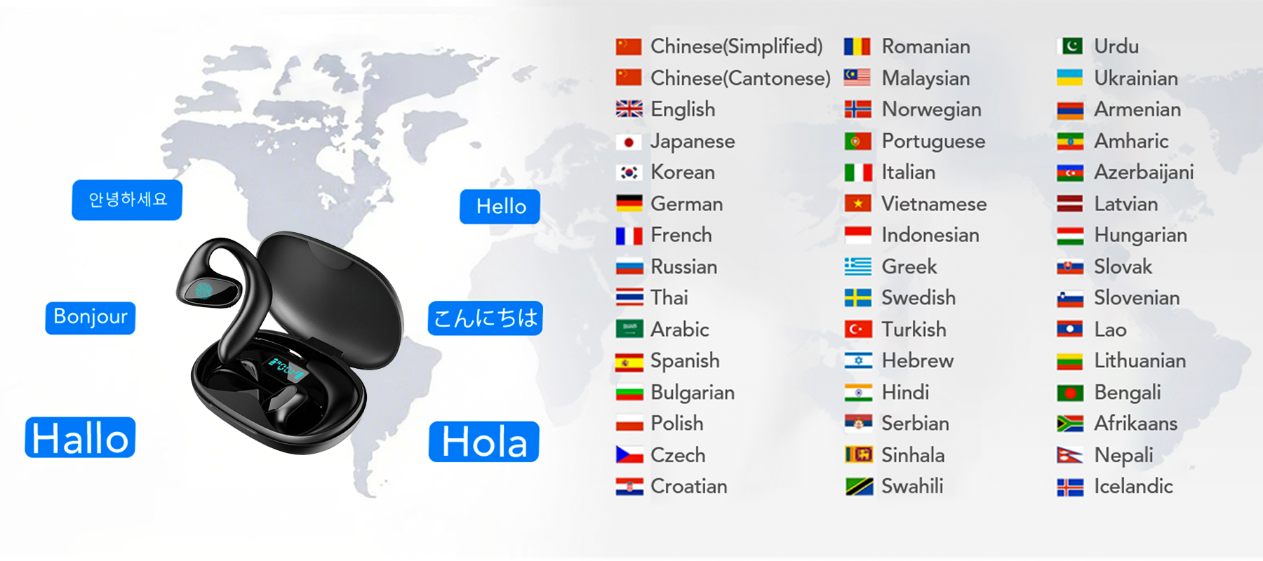 Meacode AI Translation Earbuds mit Weltkarte und angezeigten Sprachennamen