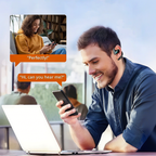 Mann benutzt Smartphone mit Meacode AI Translation Earbuds, lächelt, mit Frau im Videoanruf eingeblendet