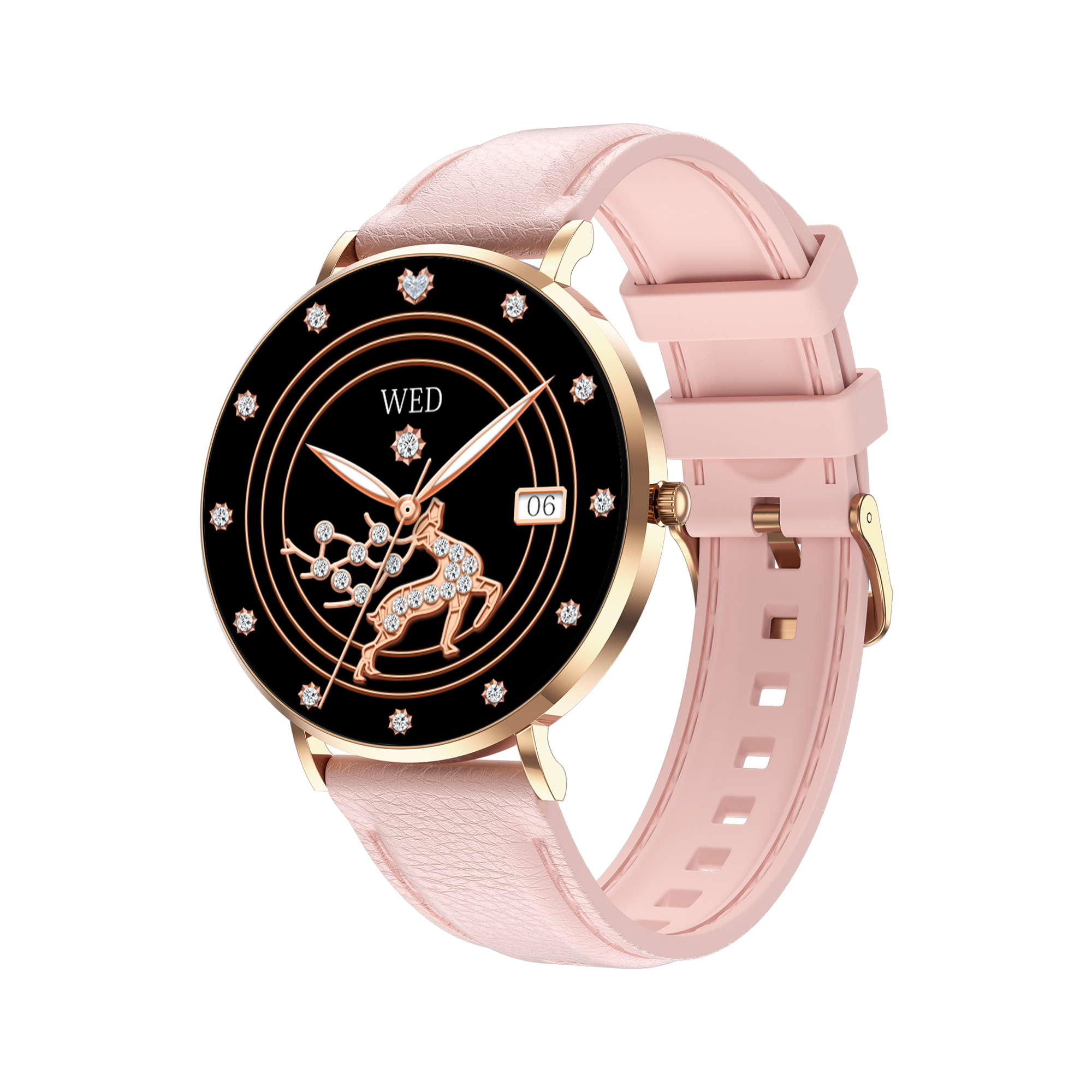 Pinke Meacode Smartwatch mit schwarzem Zifferblatt und goldenen Akzenten auf weißem Hintergrund