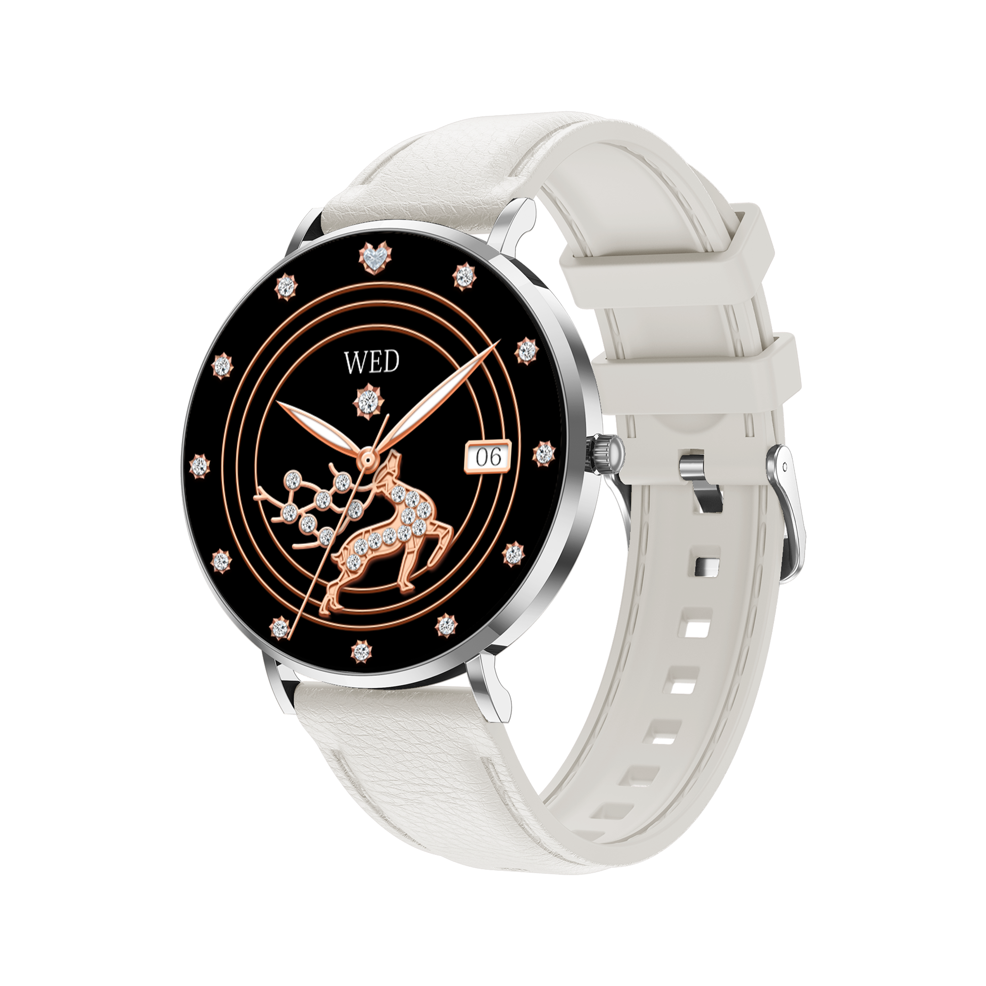 Meacode Smartwatch mit schwarzem Zifferblatt und weißem Armband auf weißem Hintergrund
