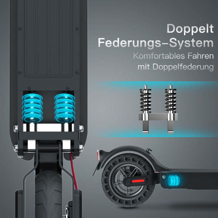Nahaufnahme des Federungssystems eines LynorHome E9 E-Scooters mit Straßenzulassung mit Text auf grauem Hintergrund