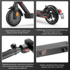 Nahaufnahmedetails eines LynorHome E9 E-Scooters mit Straßenzulassung mit deutschem Text über Sicherheitsmerkmale und legales Fahren