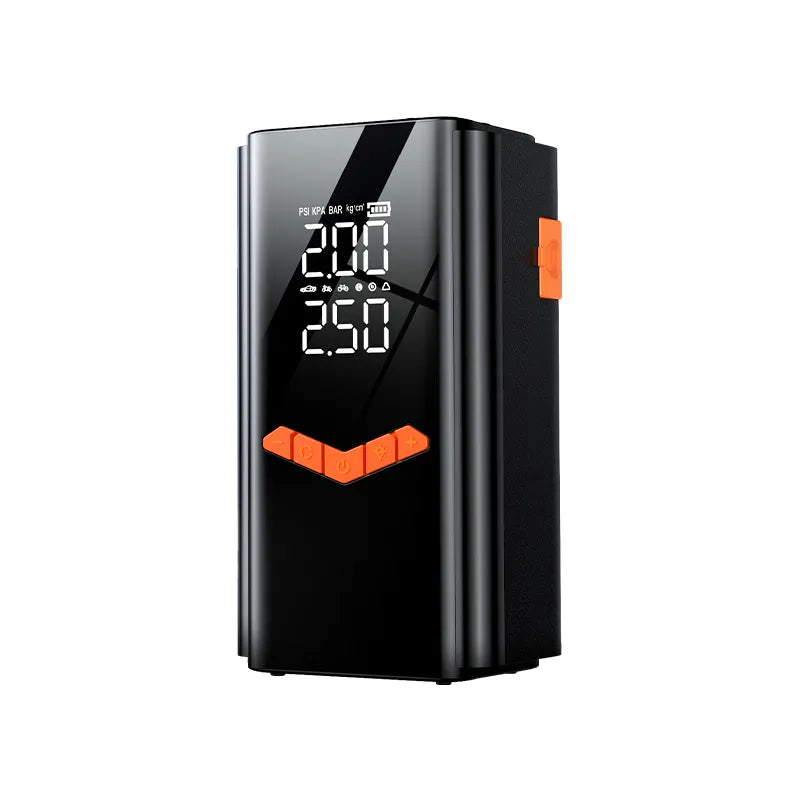 Schwarze Norevia 2-in-1 Jumpstarter & Bandenpomp mit Digitaldisplay auf weißem Hintergrund
