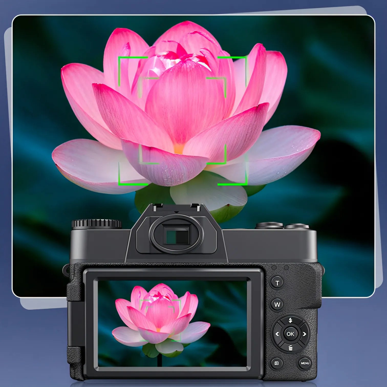 Norwiss Digitalkamera displaying a pink lotus flower on its screen with a monitor showing the same image in the background.