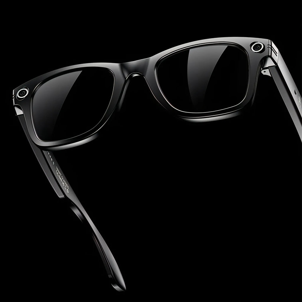 Schwarze Norwiss Smart Glasses mit reflektierenden Gläsern vor schwarzem Hintergrund