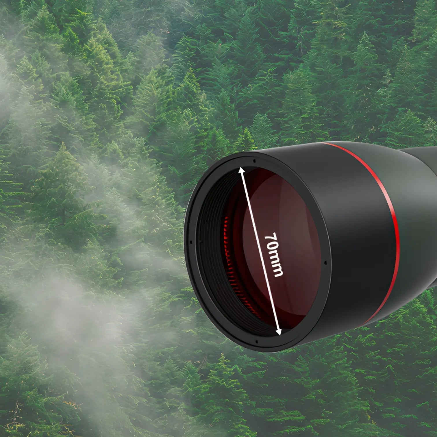 Norwiss Spektiv-Objektiv mit „70mm“-Markierung vor Waldhintergrund