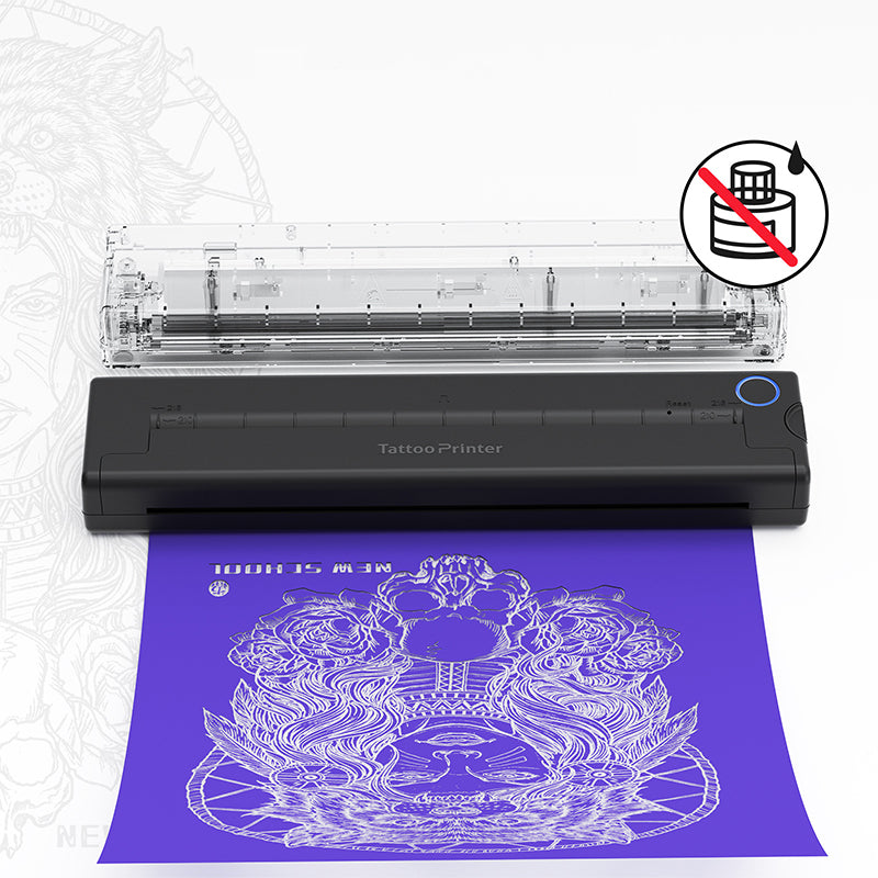 Norwiss Tattoo-Drucker mit gedrucktem Design auf violettem Papier, auf weißem Hintergrund
