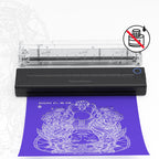 Norwiss Tattoo-Drucker mit gedrucktem Design auf violettem Papier, auf weißem Hintergrund