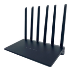 Schwarzer Norwiss WLAN Router mit mehreren Antennen auf weißem Hintergrund