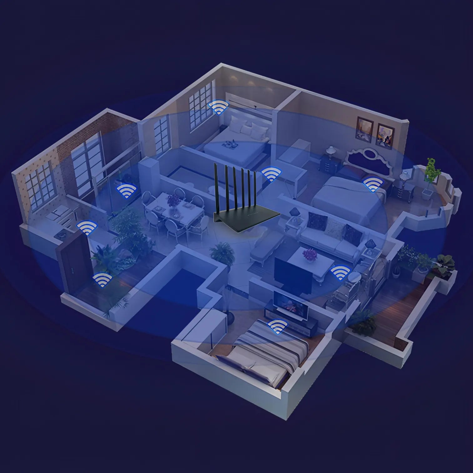 Isometrische Ansicht eines modernen Hauslayouts mit Smart-Home-Funktionen des Norwiss WLAN Routers vor dunklem Hintergrund