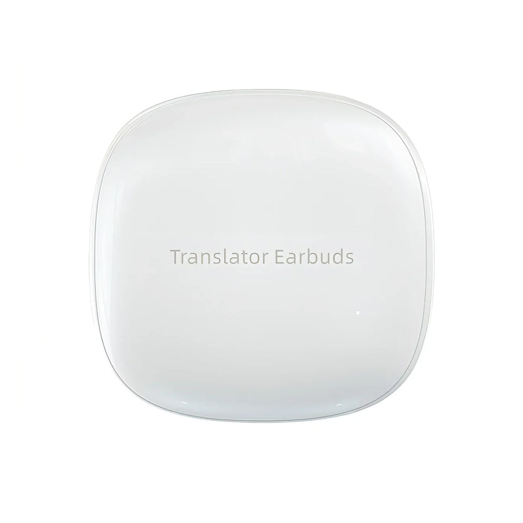Weiße quadratische Norwiss Übersetzer Kopfhörer mit der Aufschrift „Translator Earbuds“ auf weißem Hintergrund