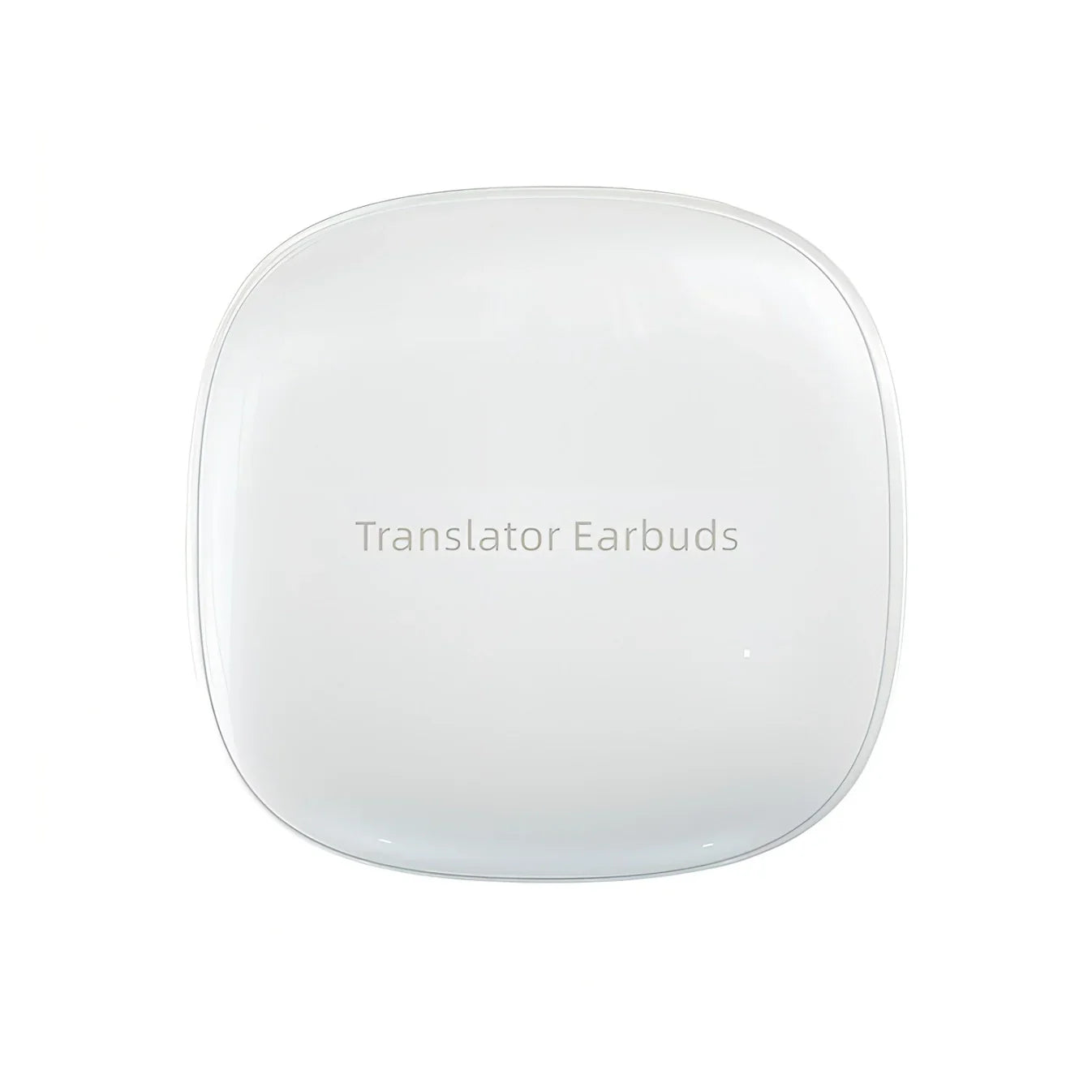 Weiße quadratische Norwiss Übersetzer Kopfhörer mit der Aufschrift „Translator Earbuds“ auf weißem Hintergrund