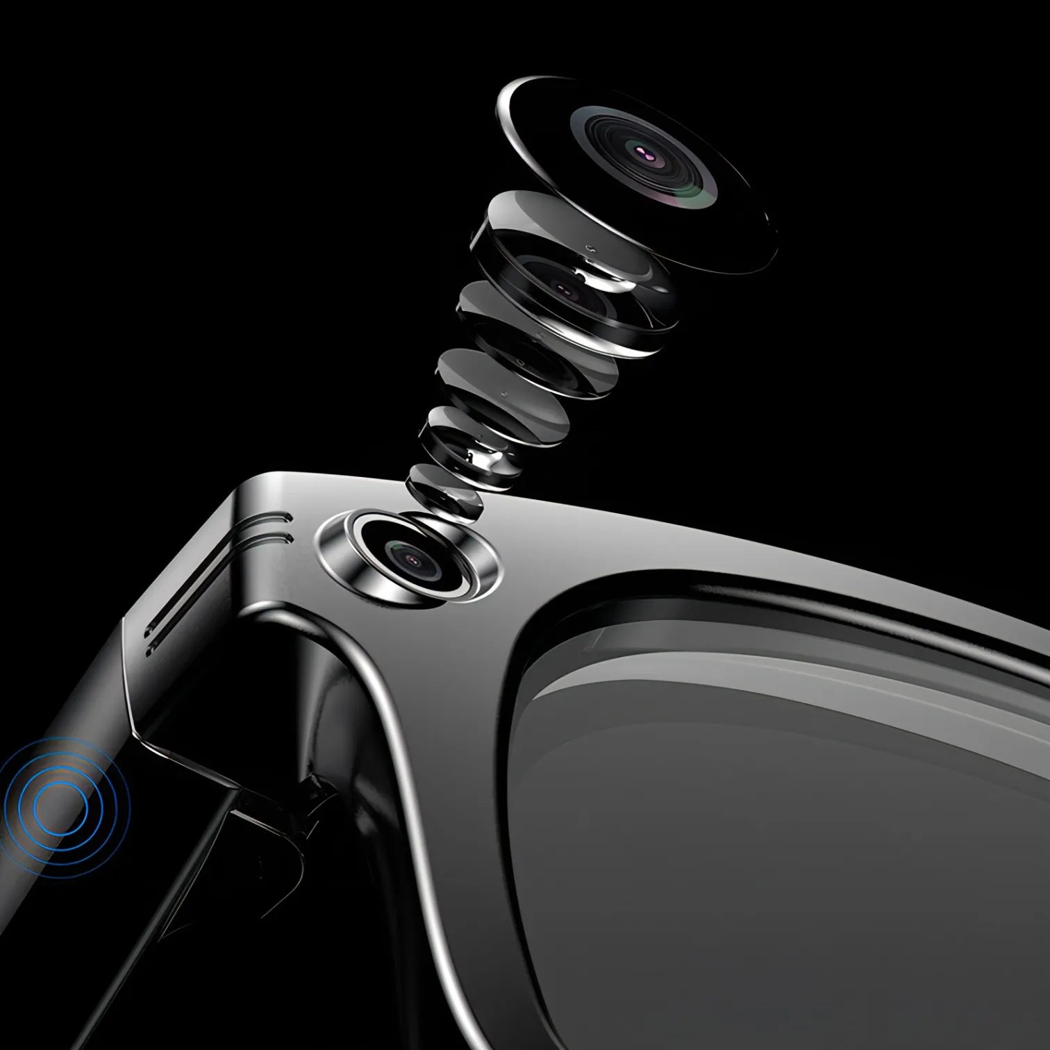 Nahaufnahme eines Onevik Smart Glasses Systems vor schwarzem Hintergrund