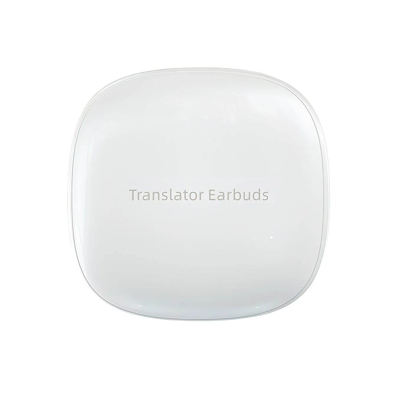 Weiße quadratische Onevik Übersetzer Kopfhörer mit der Aufschrift „Translator Earbuds“ auf weißem Hintergrund
