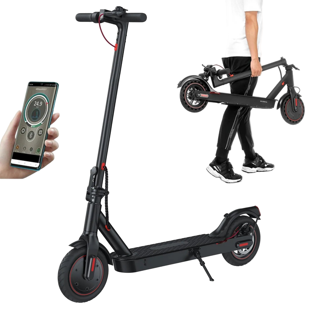 Schwarzer LynorHome E-Scooter mit Smartphone-App, zusammengeklapptem Scooter und Person, die den Scooter hält, auf weißem Hintergrund