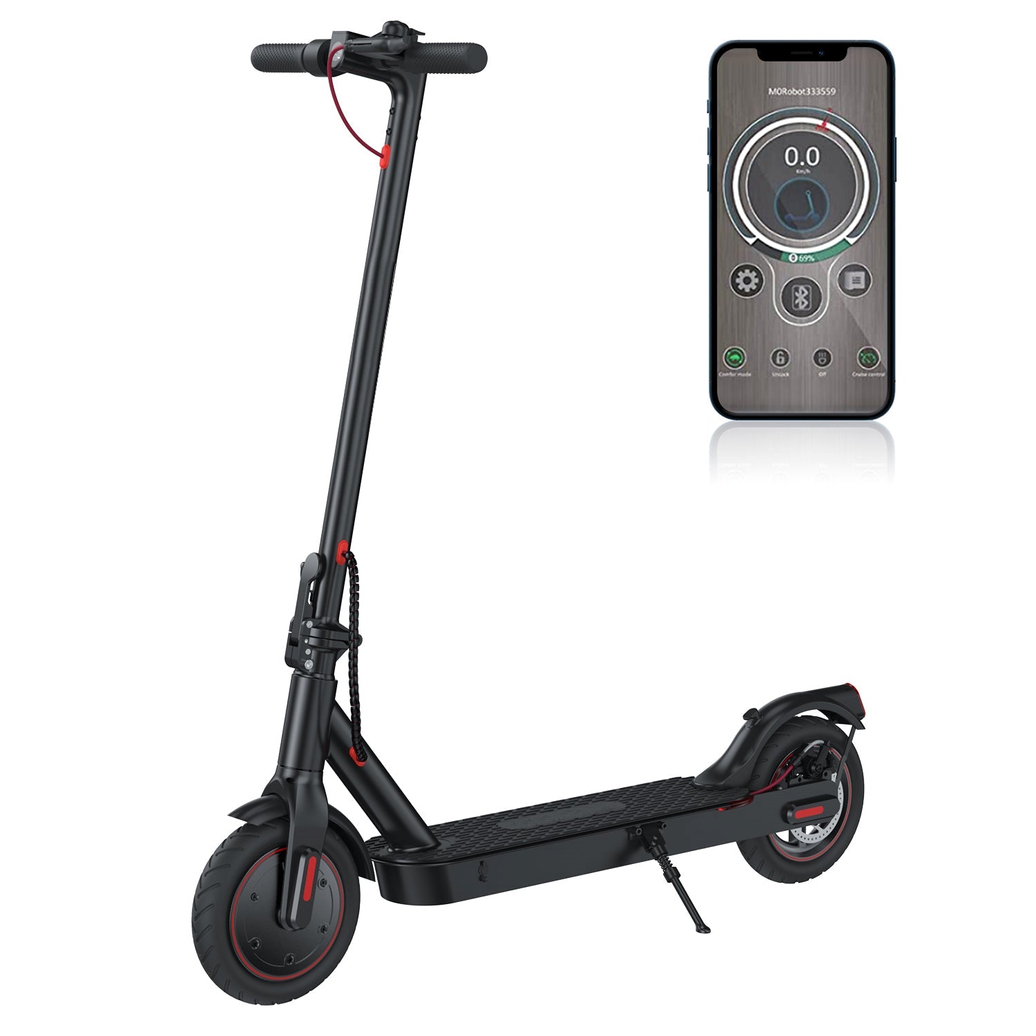 Schwarzer LynorHome E-Scooter mit Smartphone, das die App-Oberfläche anzeigt, auf weißem Hintergrund