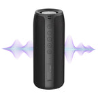 Schwarzer Meacode tragbarer Bluetooth-Lautsprecher mit Schallwellen-Grafik auf weißem Hintergrund